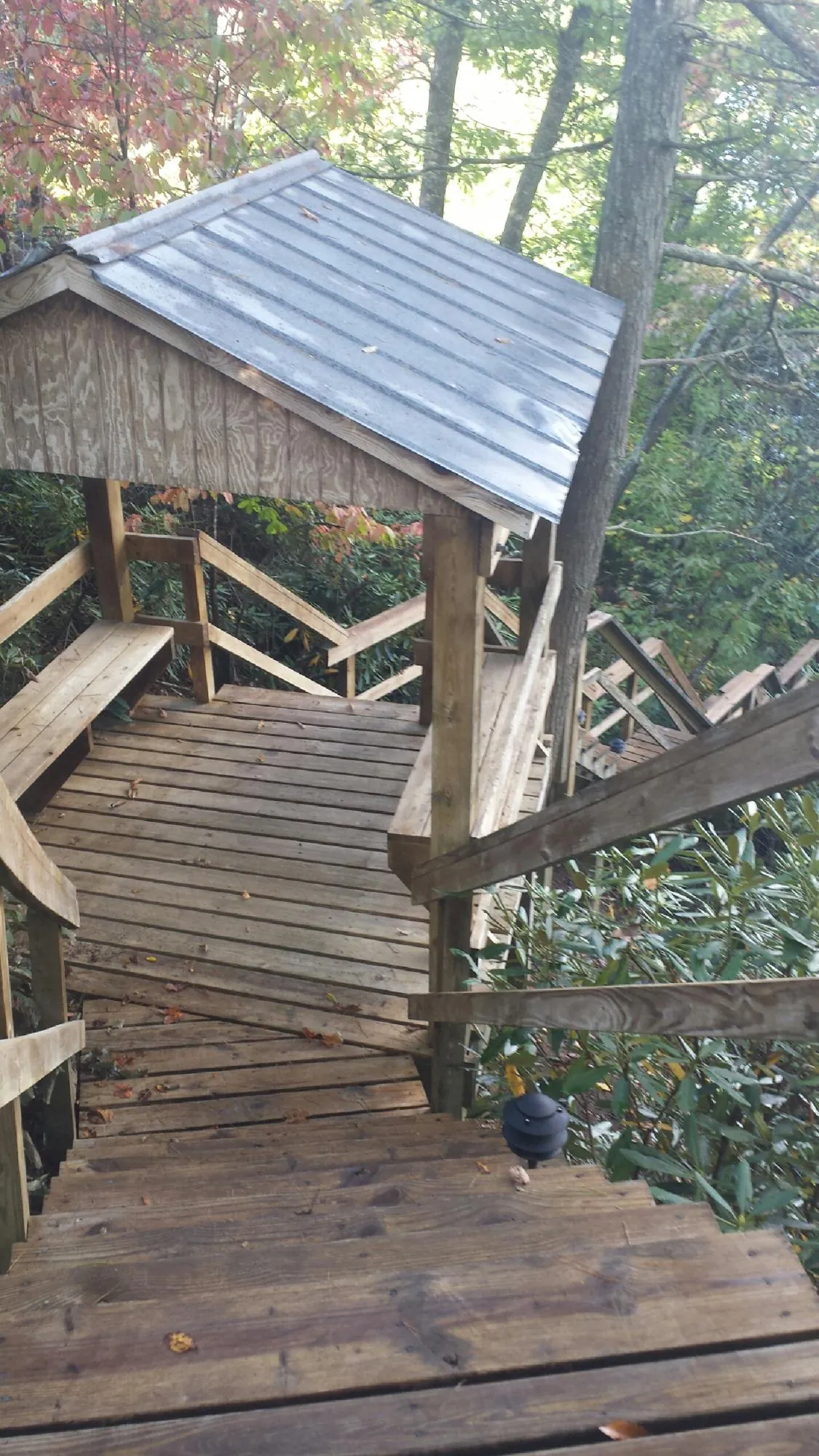 Metal roofed shelter over wooden steps on a wooded walkway — Skylight Repair & Installation work by our crew in Edgerton